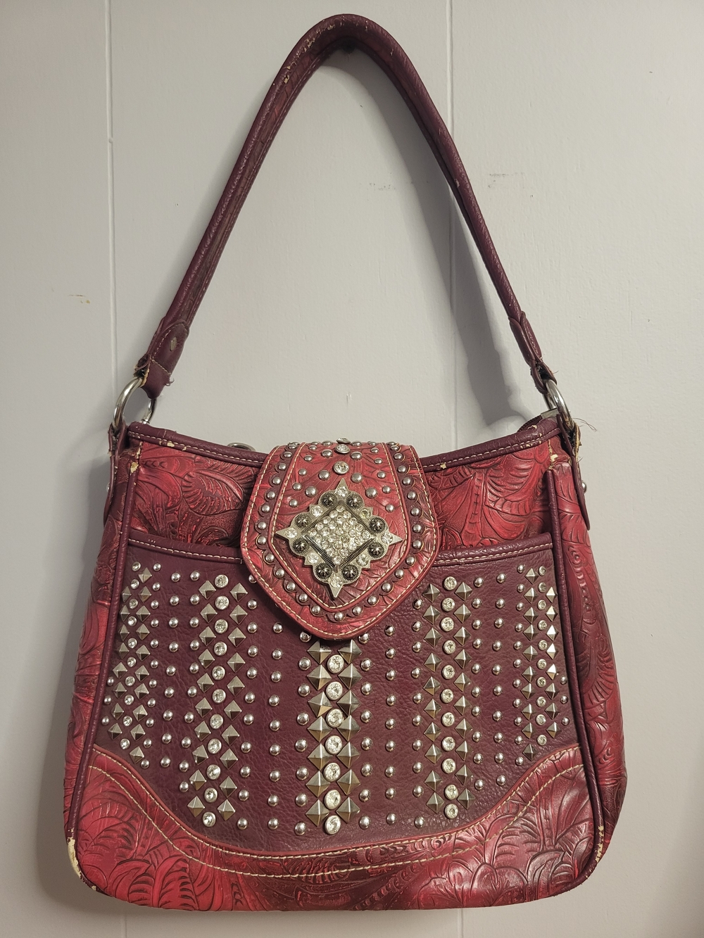 Montana Wesr Studded Red Leather Shoulder Bag